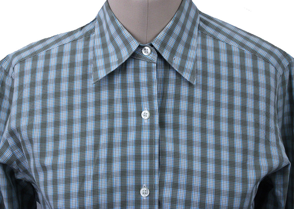 Shirt Marsha DeArriaga Taupe and Aqua Blue Box Plaid