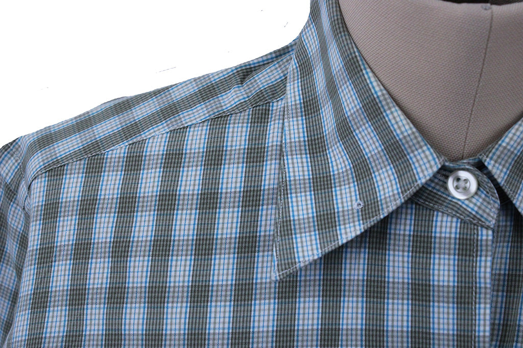 Shirt Marsha DeArriaga Taupe and Aqua Blue Box Plaid