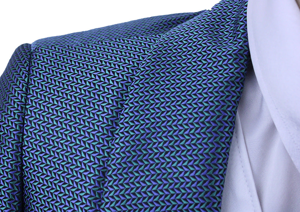 Day Coat DeRegnaucourt Teal Blue with Lime and Purple Geometric Brocade
