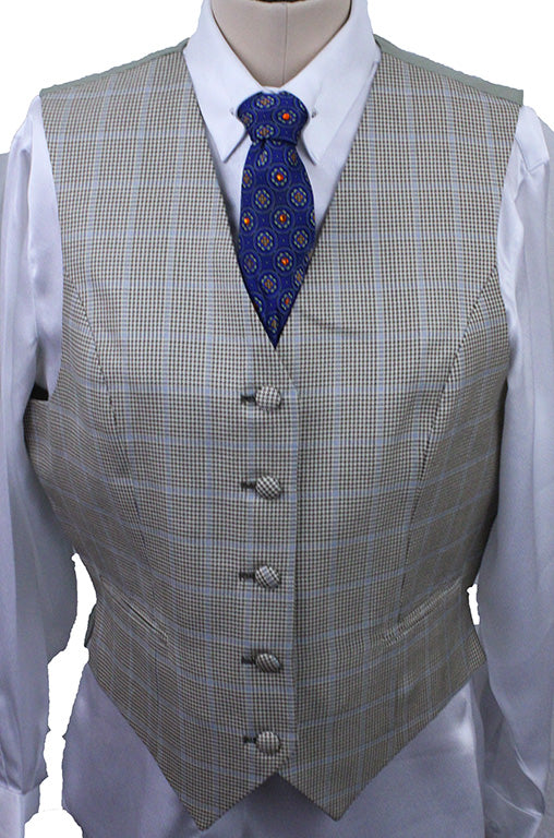 Vest Marsha DeArriaga Cream and Brown Houndstooth with Blue Windowpane