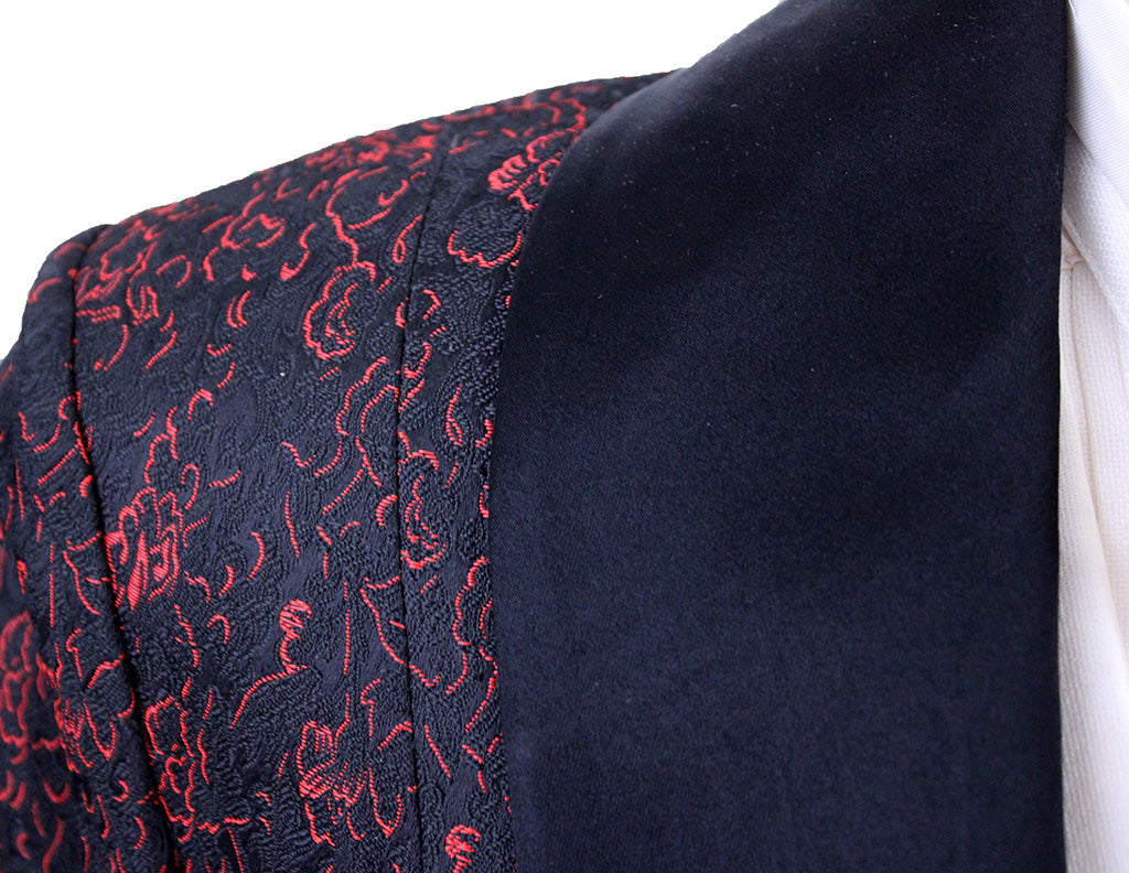 Formal Coat Black and Red Floral Brocade