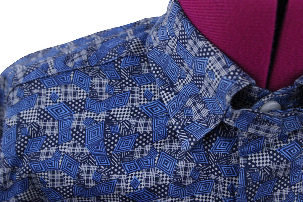 Shirt DeRegnaucourt Blue and Silver Geometric Print