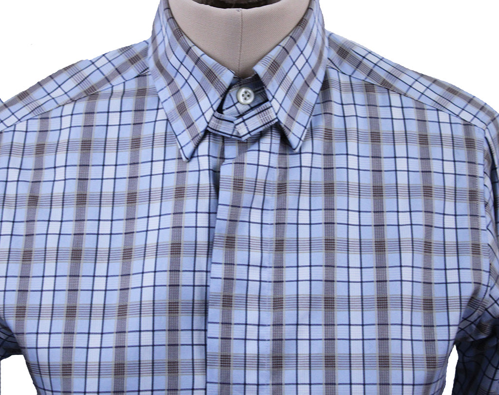 Shirt DeRegnaucourt Light Blue with White and Brown Box Plaid