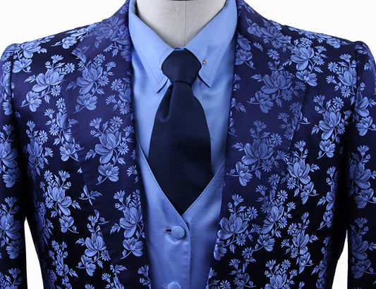 Day Coat Show Season Navy and Light Blue Floral Brocade