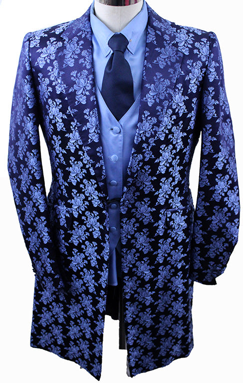 Day Coat Show Season Navy and Light Blue Floral Brocade