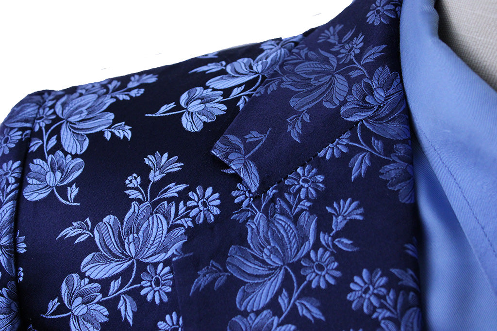 Day Coat Show Season Navy and Light Blue Floral Brocade