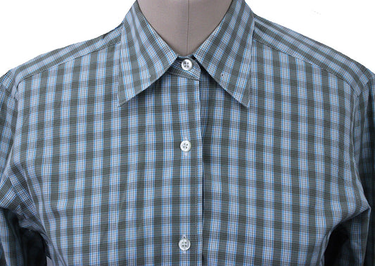 Shirt Marsha DeArriaga Taupe and Aqua Blue Box Plaid
