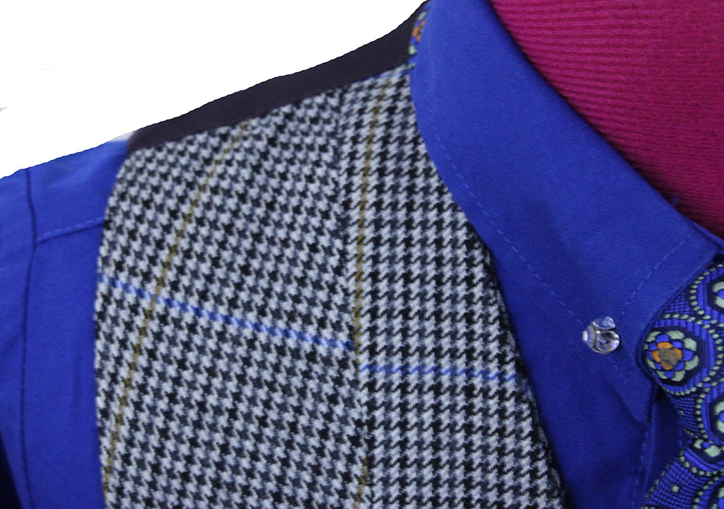 Shirt and Vest Combination Navy Houndstooth with Blue and Gold Windowpane