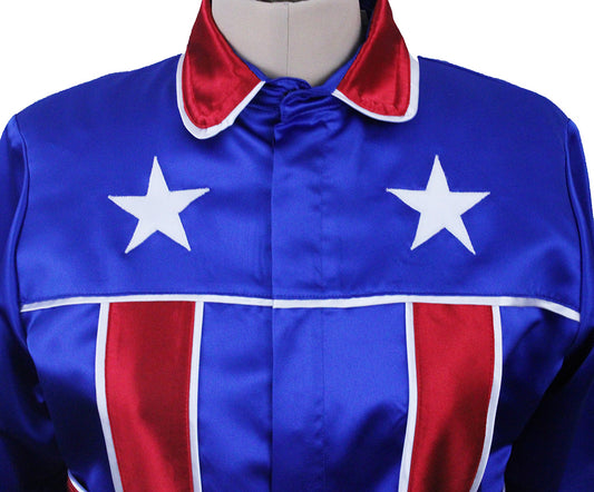Road Silks Diana Buerkley Blue, Red, and White Stars with Helmet