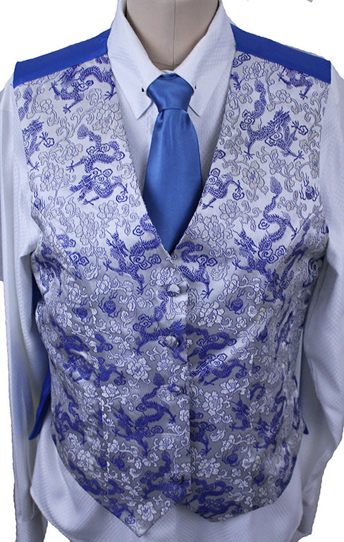 Vest Silver and Blue Dragon Brocade