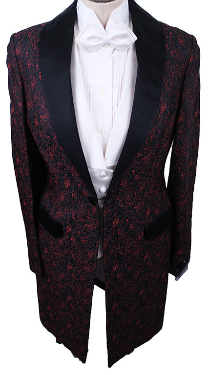 Formal Coat Black and Red Floral Brocade