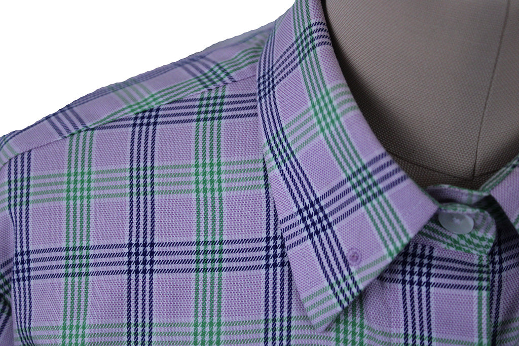 Shirt Issued By Ellie May Lavender with Purple and Lime Plaid