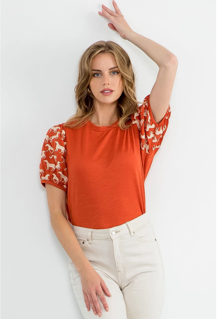 Embroidered Horse Puff Sleeve Top