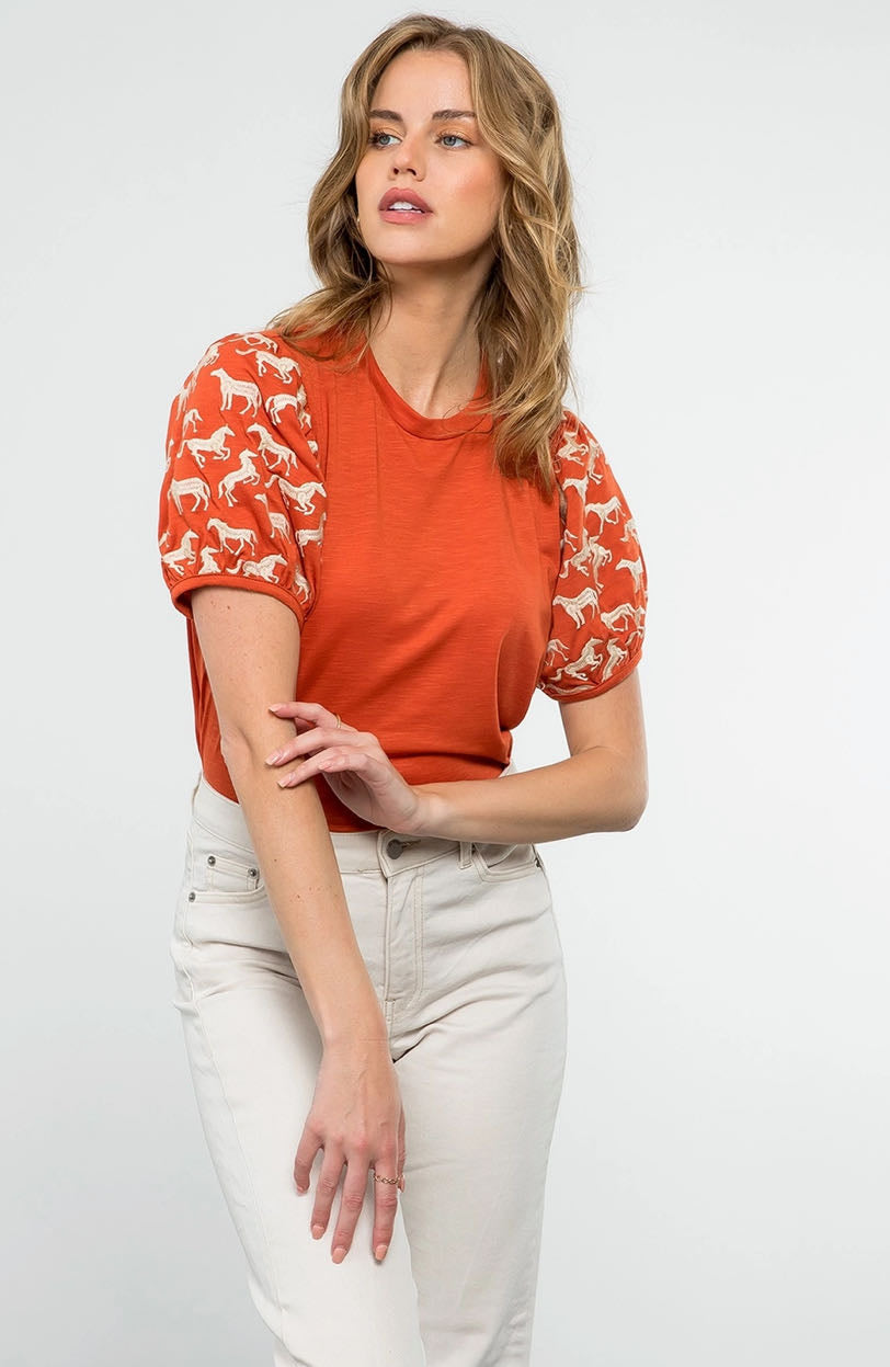 Embroidered Horse Puff Sleeve Top