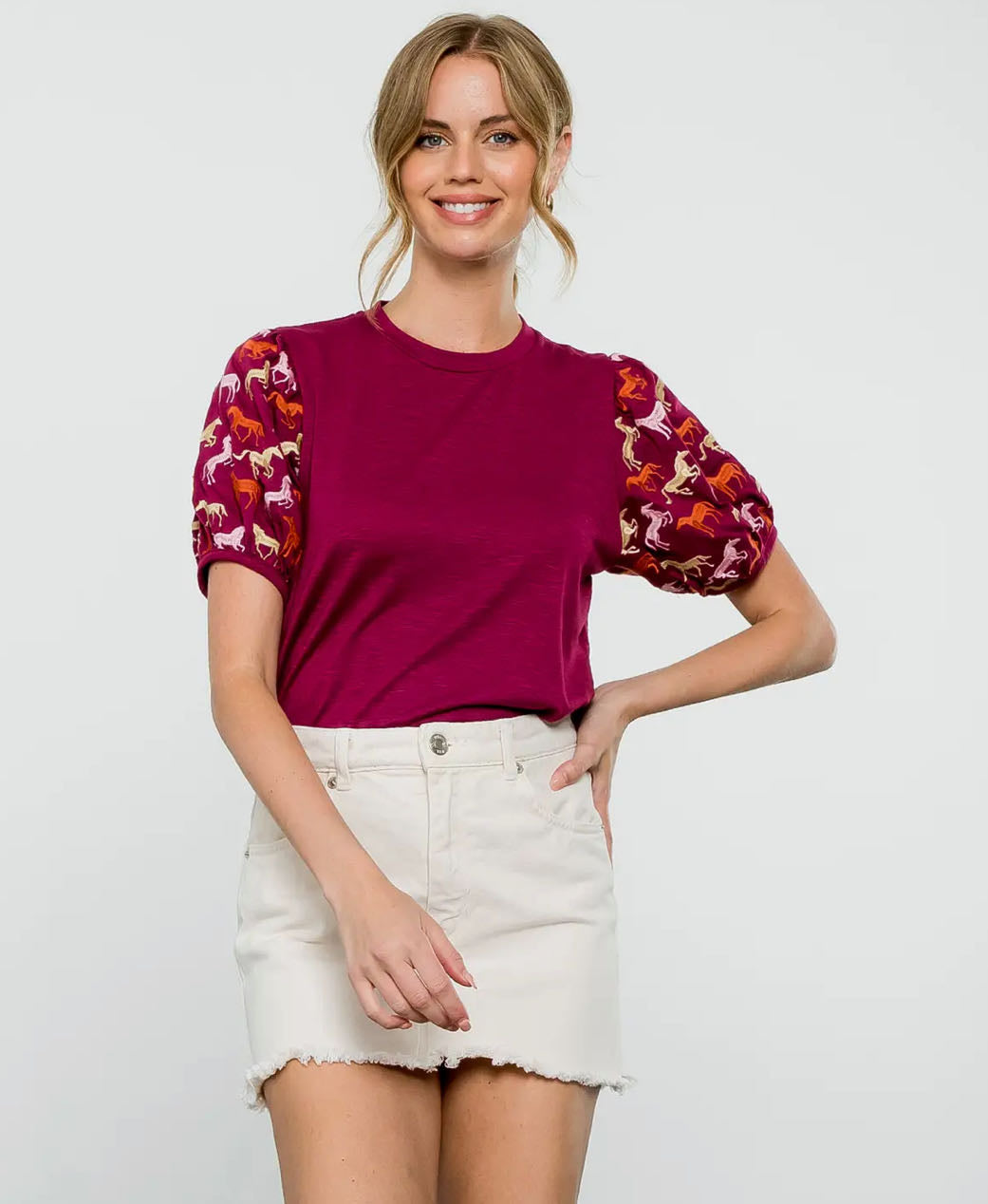 Embroidered Horse Puff Sleeve Top