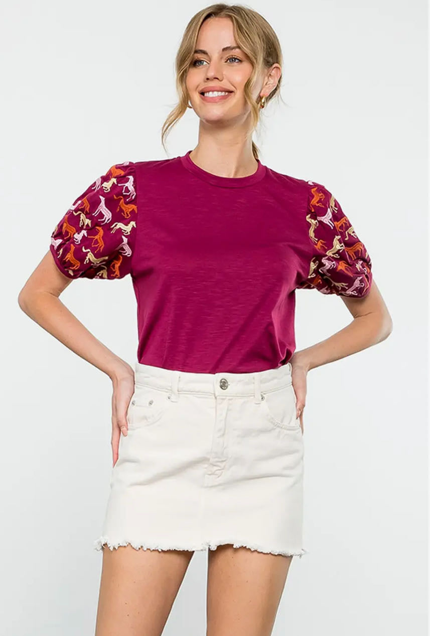Embroidered Horse Puff Sleeve Top