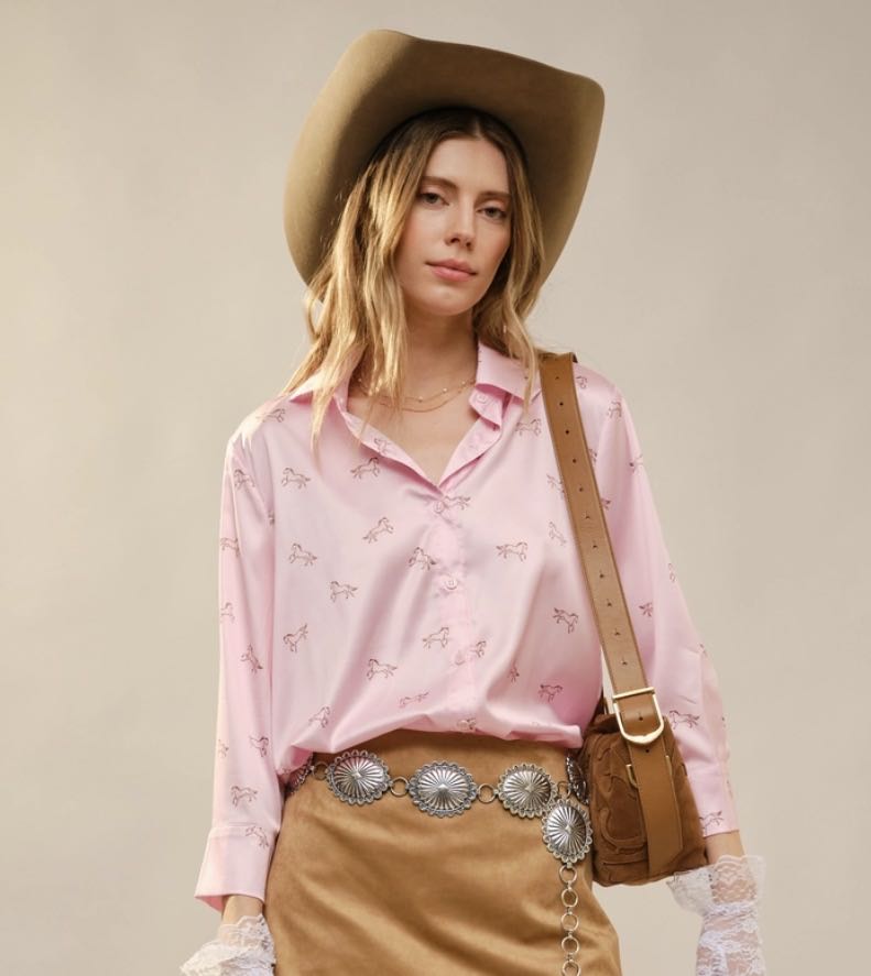 Pink Satin Horse 3/4 Sleeve Shirt size Medium