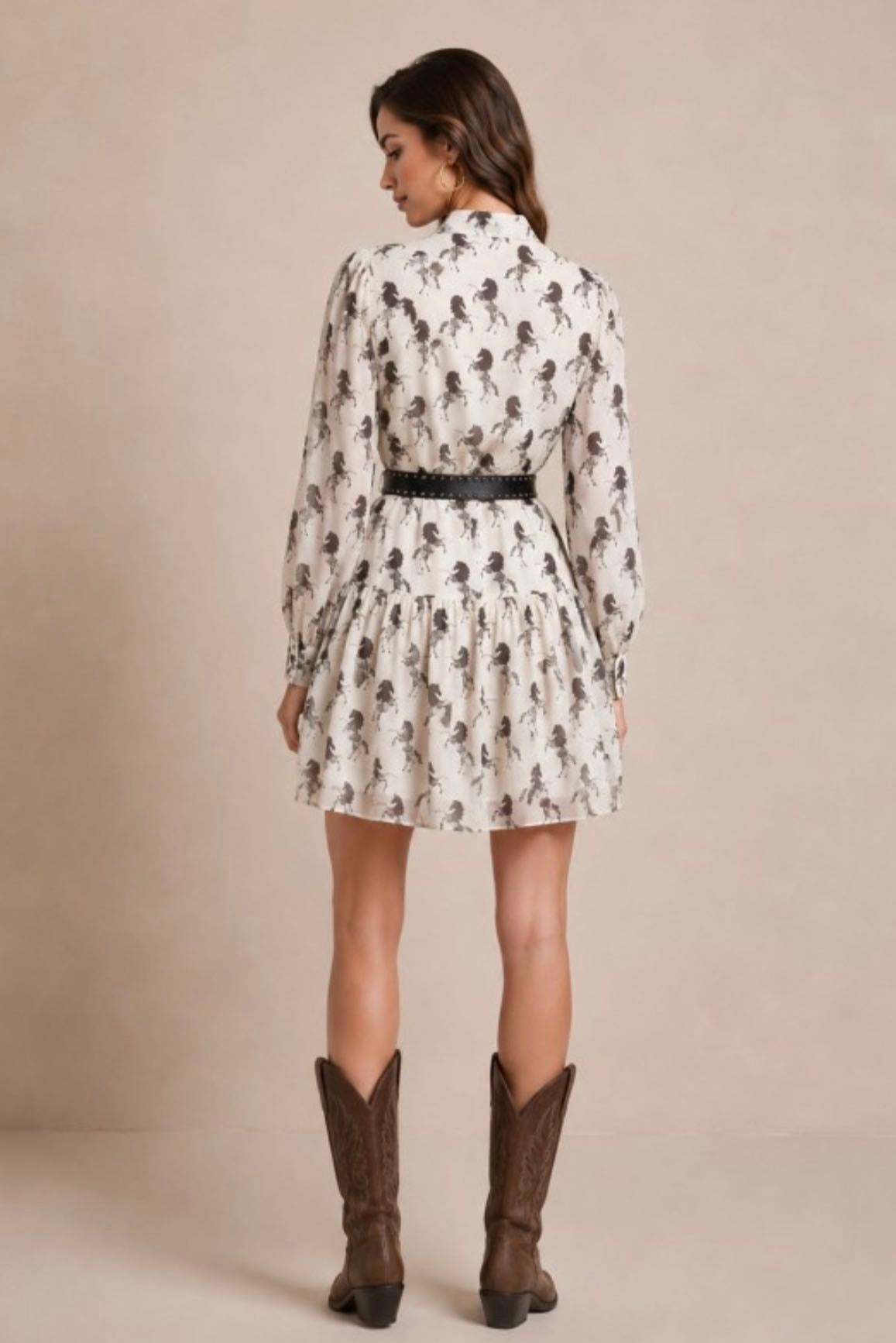 Belted Black and White Midi Dress