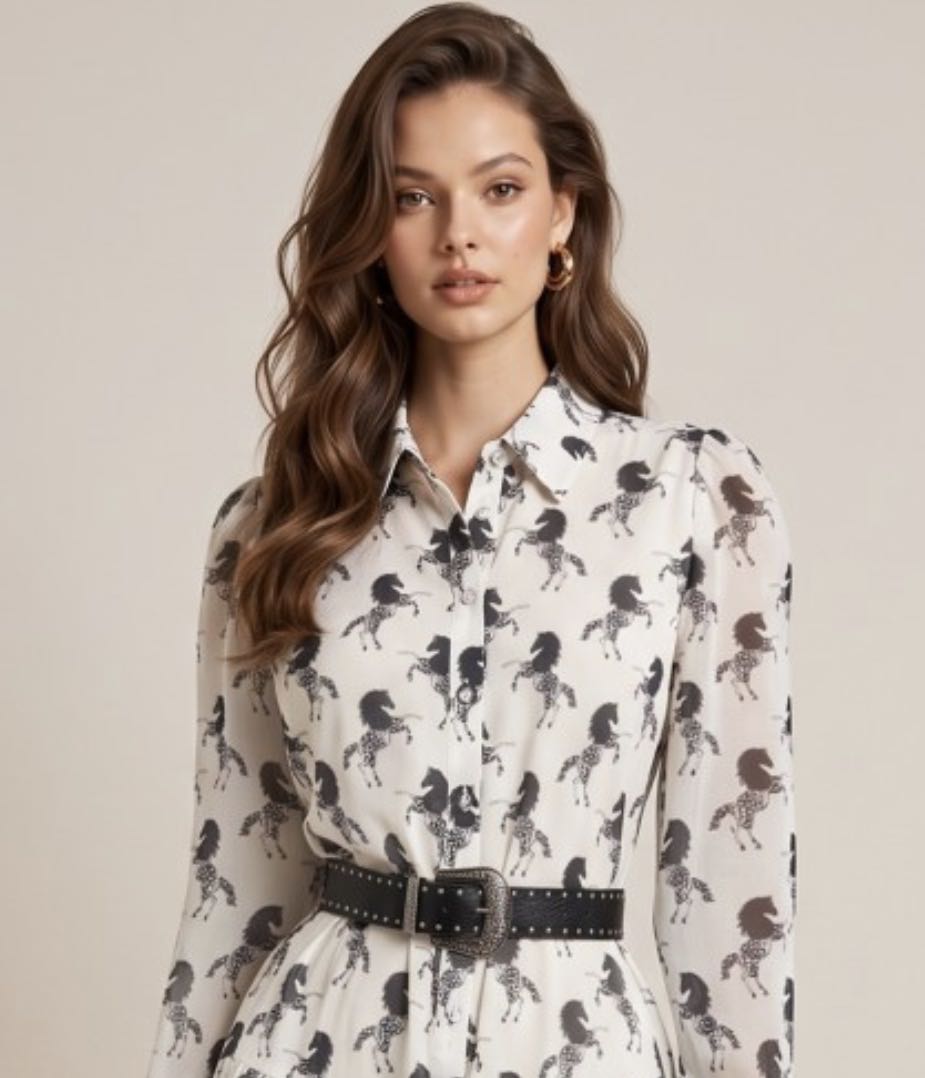 Belted Black and White Midi Dress