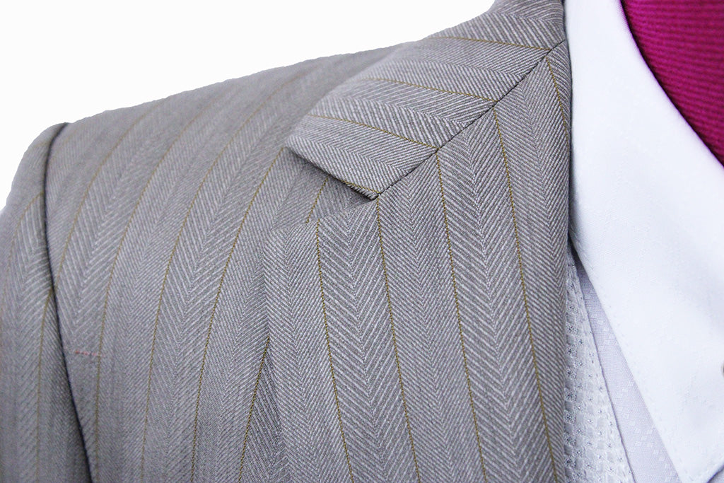 Day Suit Becker Brothers Taupe with Herringbone and Pinstripe