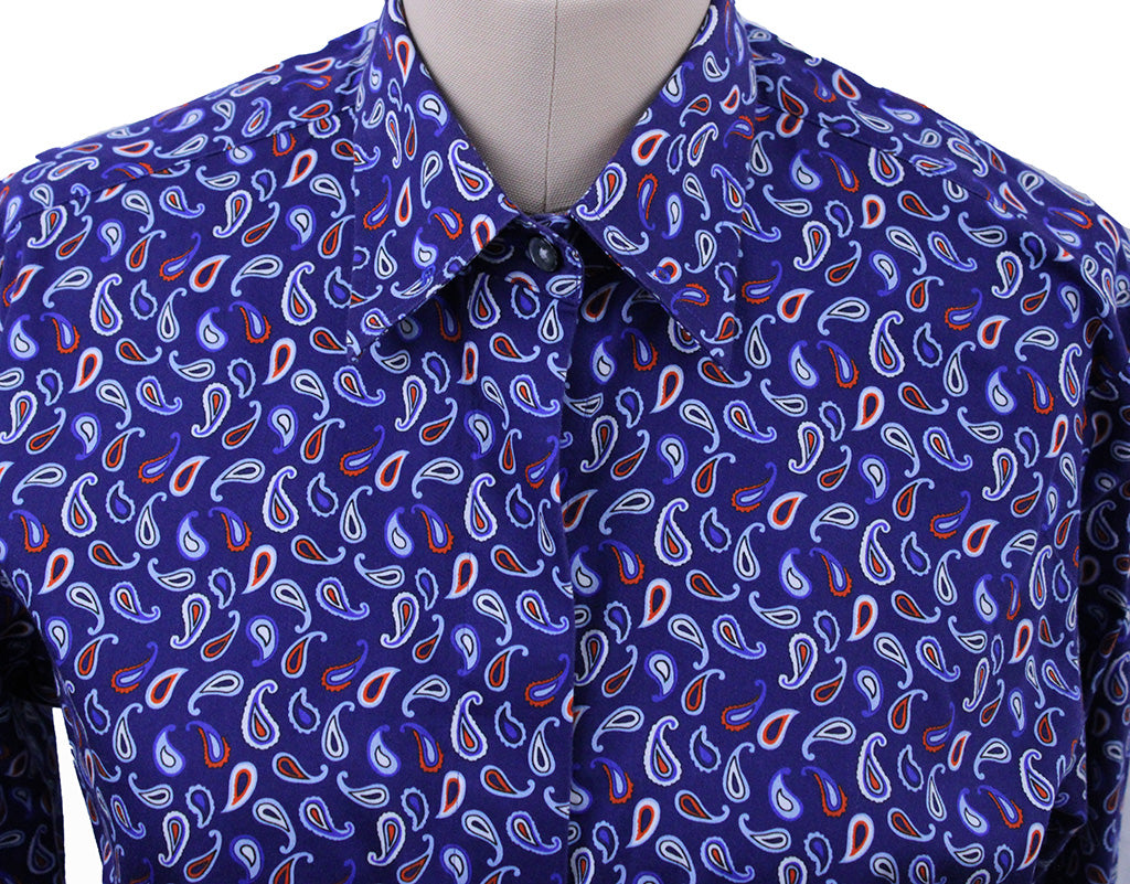 Shirt Issued By Ellie May Navy with Orange, White, and Blue Paisley
