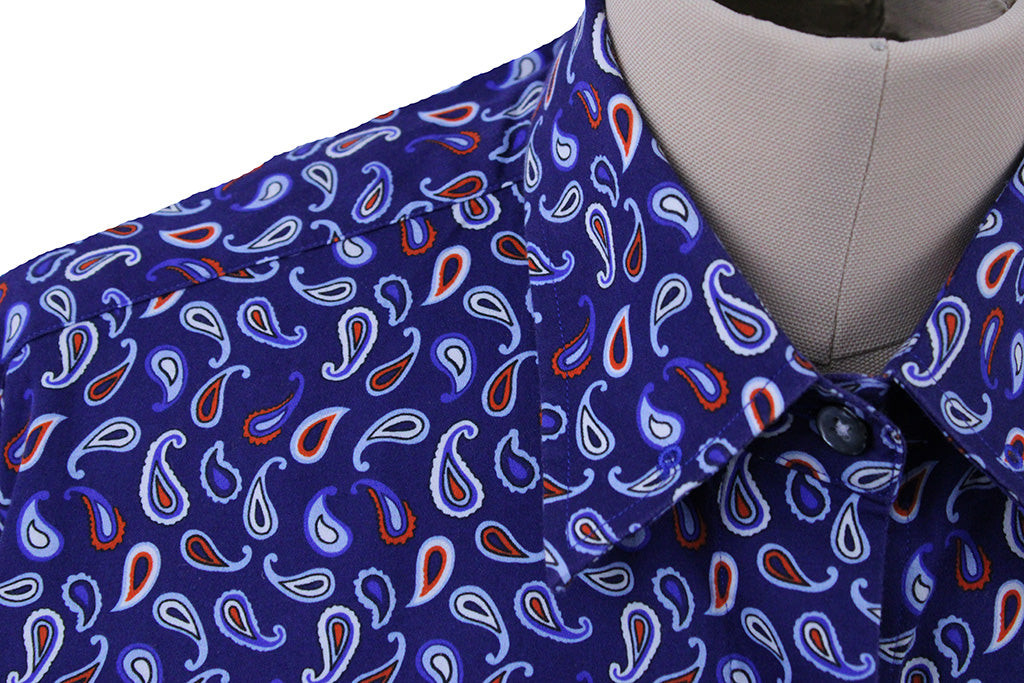 Shirt Issued By Ellie May Navy with Orange, White, and Blue Paisley