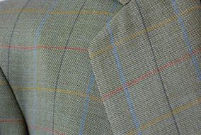 Day Suit, Meyers, Sagey Gold with Lt Blue and Orange windowpane